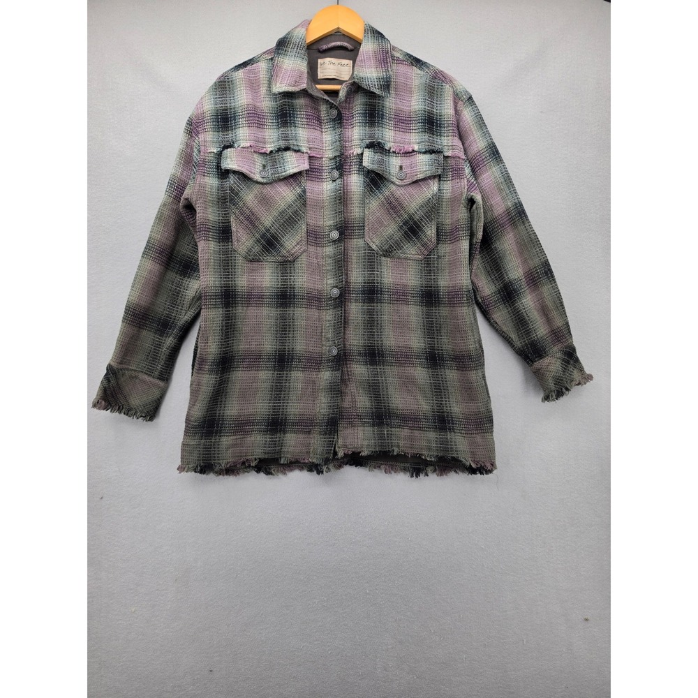 Free People We The Free Plaid Shacket Waffle Knit Frayed Hem Purple Green Small
